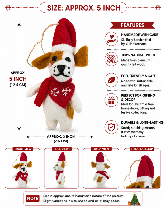Handmade Felt Puppy with Santa Hat & Snowflake Scarf Christmas Ornament