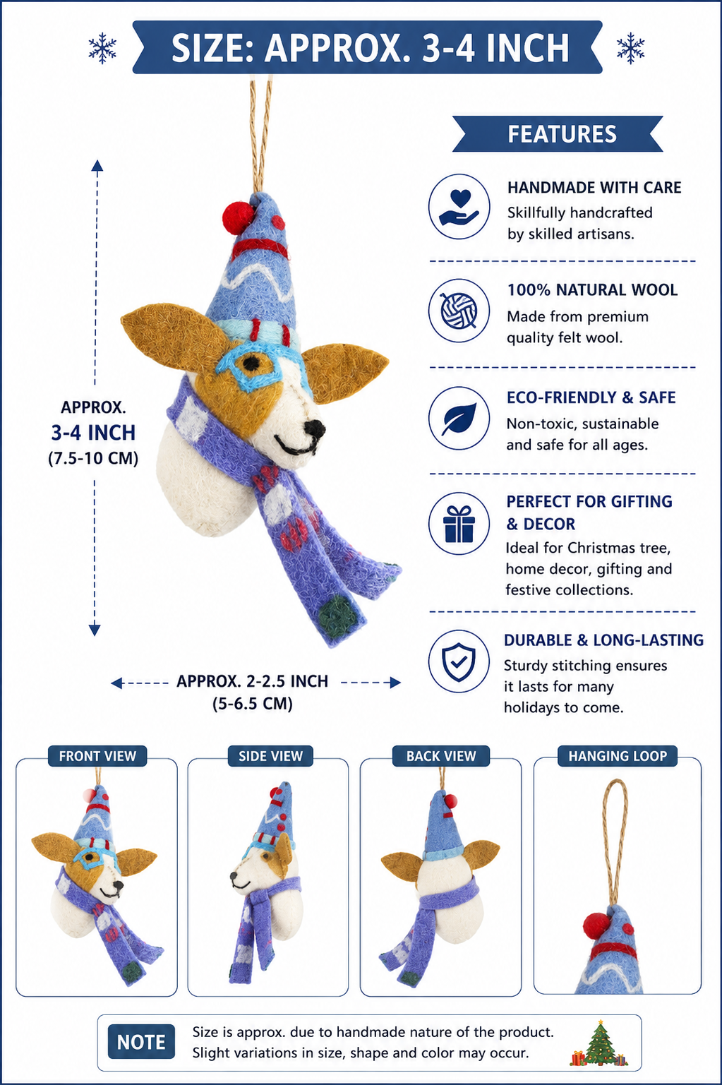 Handmade Felt Dog with Winter Hat & Scarf Christmas Ornament