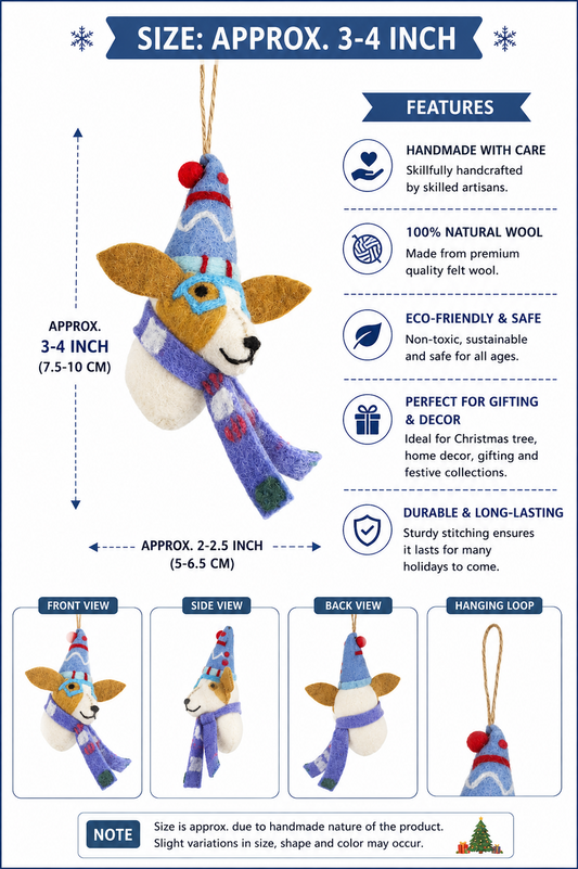Handmade Felt Dog with Winter Hat & Scarf Christmas Ornament