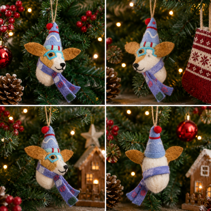 Handmade Felt Dog with Winter Hat & Scarf Christmas Ornament