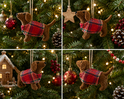 Handmade Felt Dachshund in Plaid Sweater Christmas Ornament – Wool Wiener Dog Holiday Decor