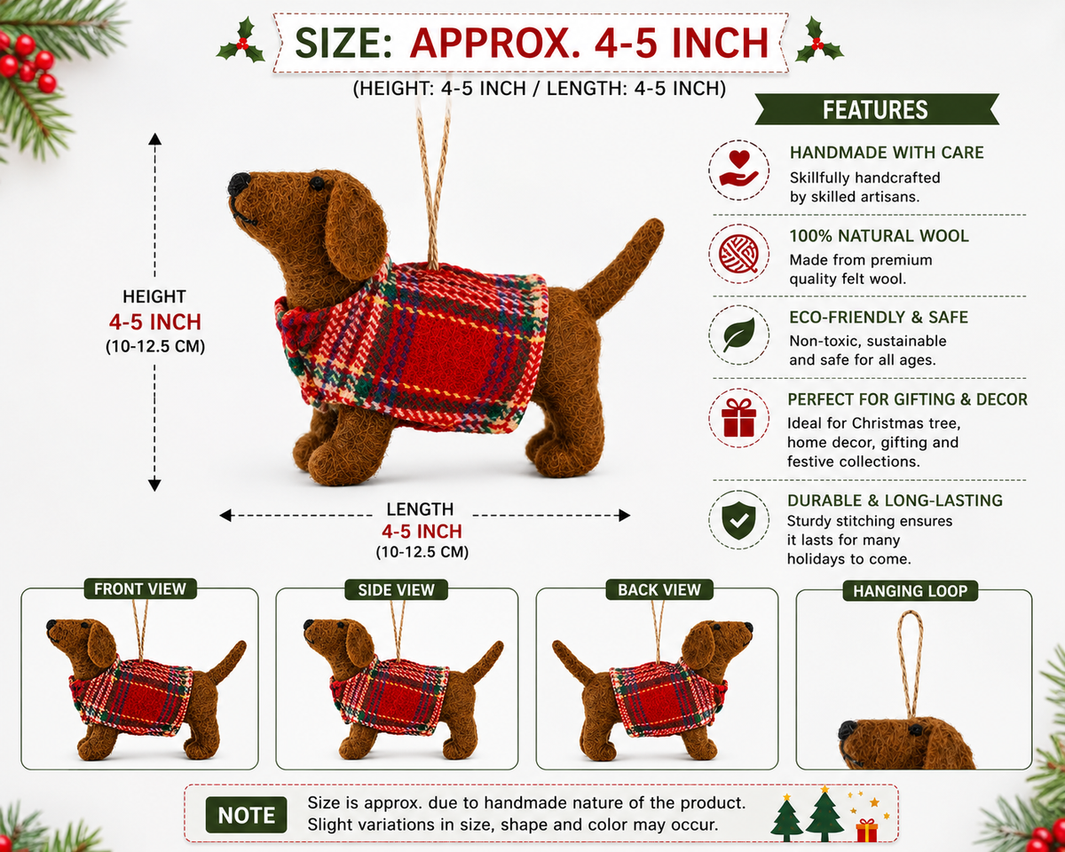 Handmade Felt Dachshund in Plaid Sweater Christmas Ornament – Wool Wiener Dog Holiday Decor