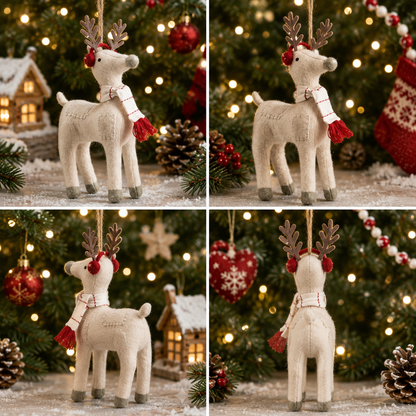 Handcrafted Festive Reindeer Stuffed Fabric Figurine | Cute Christmas Deer Tabletop Decor with Earmuffs & Scarf | Luxury Winter Wonderland Nursery Display