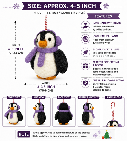 Handmade Felt Penguin Christmas Ornament – Purple Scarf & Earmuffs