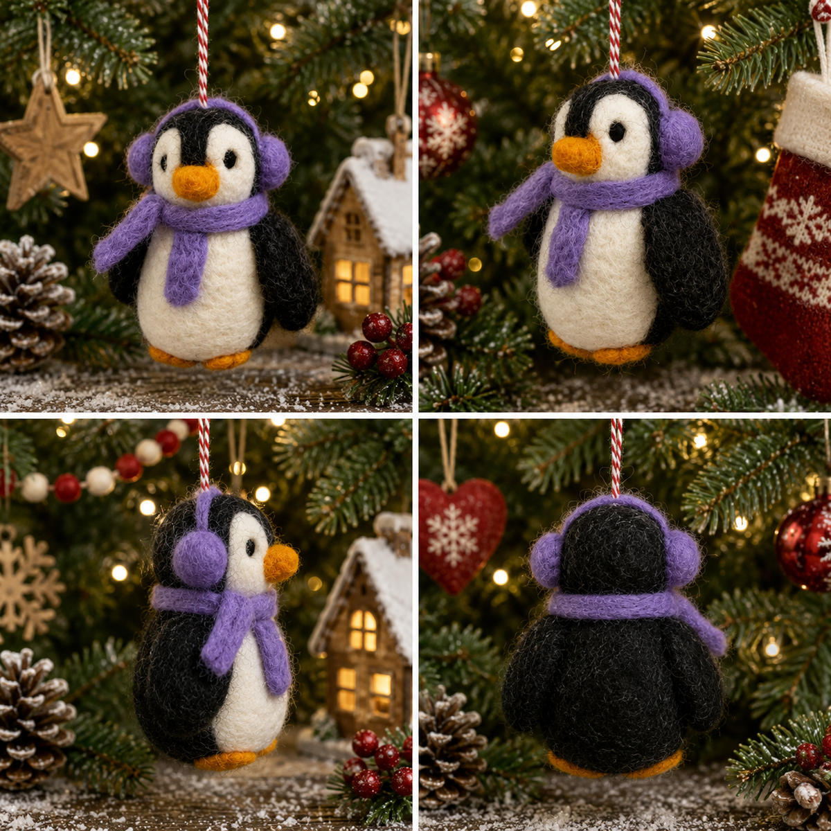 Handmade Felt Penguin Christmas Ornament – Purple Scarf & Earmuffs
