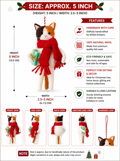 Handmade Felt Cat Christmas Ornament – Red Scarf & Gift