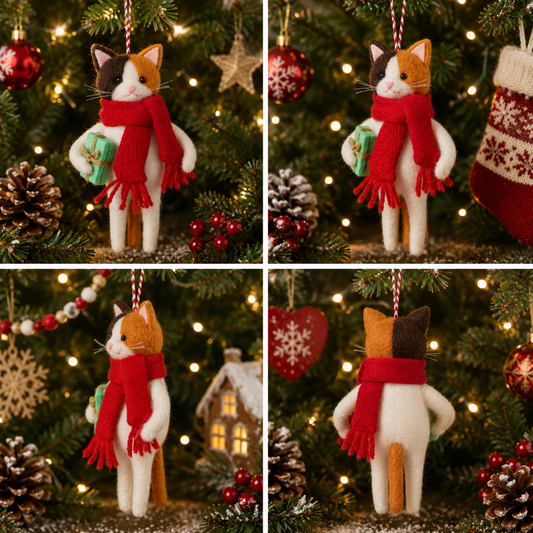 Handmade Felt Cat Christmas Ornament – Red Scarf & Gift