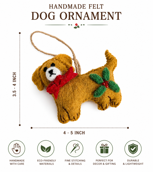 Handmade Felt Dog Ornament with Jute Hanging Loop – Christmas Tree Decoration