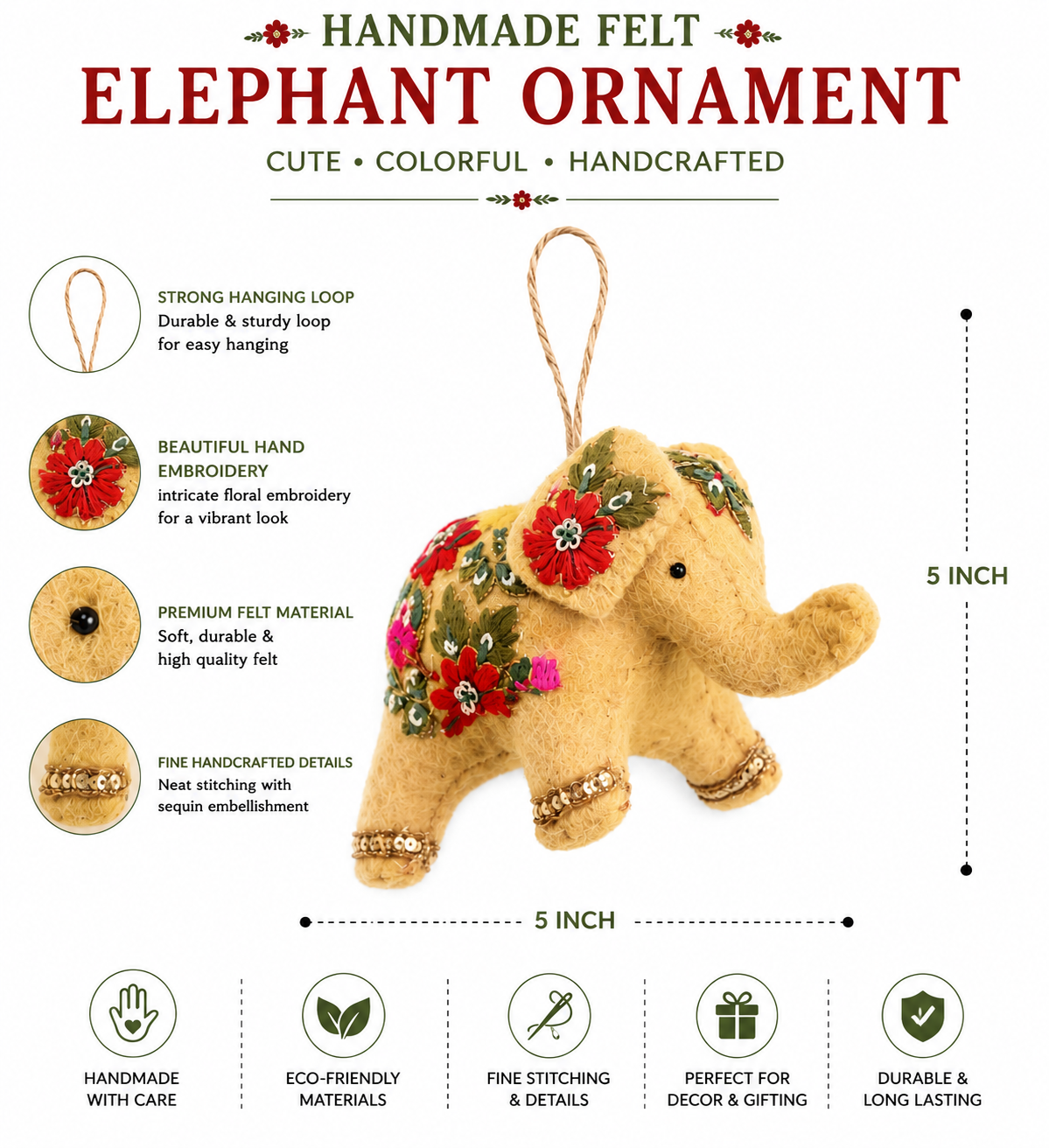 Handcrafted Embroidered Wool Felt Elephant Crishmas Ornament