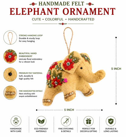 Handcrafted Embroidered Wool Felt Elephant Crishmas Ornament