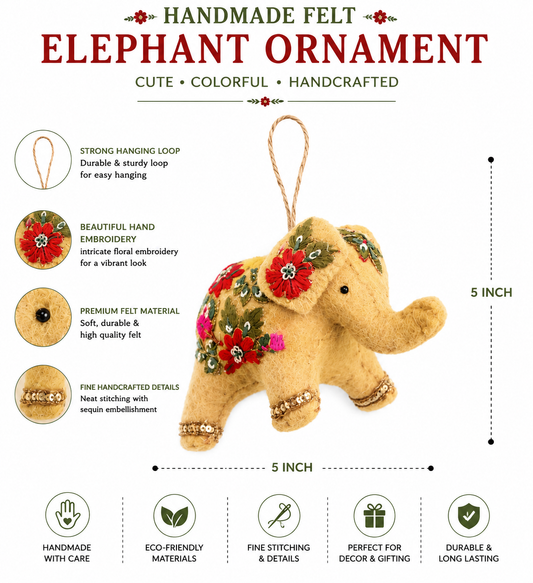 Handcrafted Embroidered Wool Felt Elephant Crishmas Ornament
