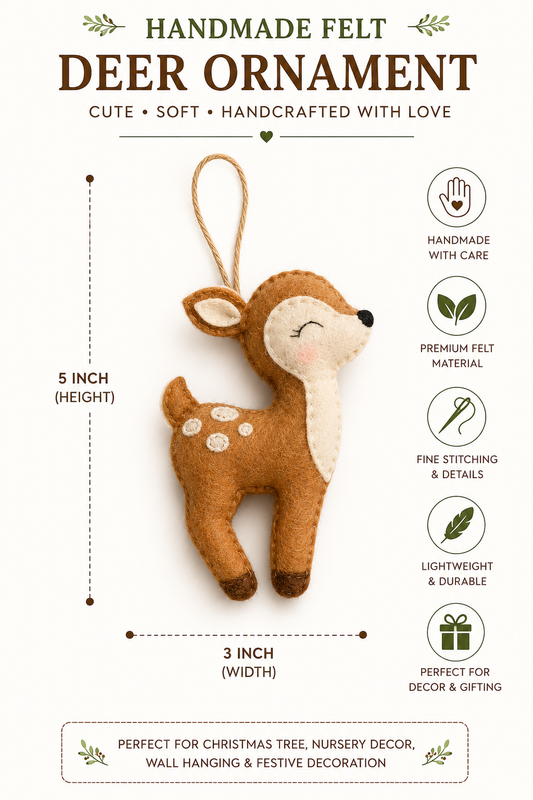 Handmade Felt Deer Ornament – 5 Inch Cute Christmas Tree Hanging Decoration