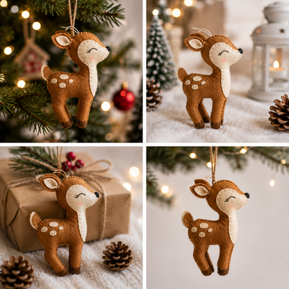 Handmade Felt Deer Ornament – 5 Inch Cute Christmas Tree Hanging Decoration