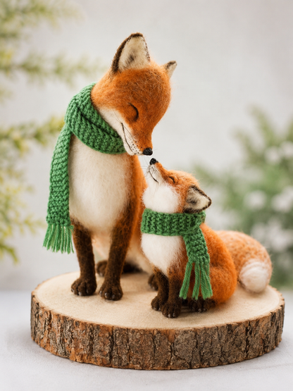 Handmade Felt Fox Family Figurine – Natural Wool Christmas Decor
