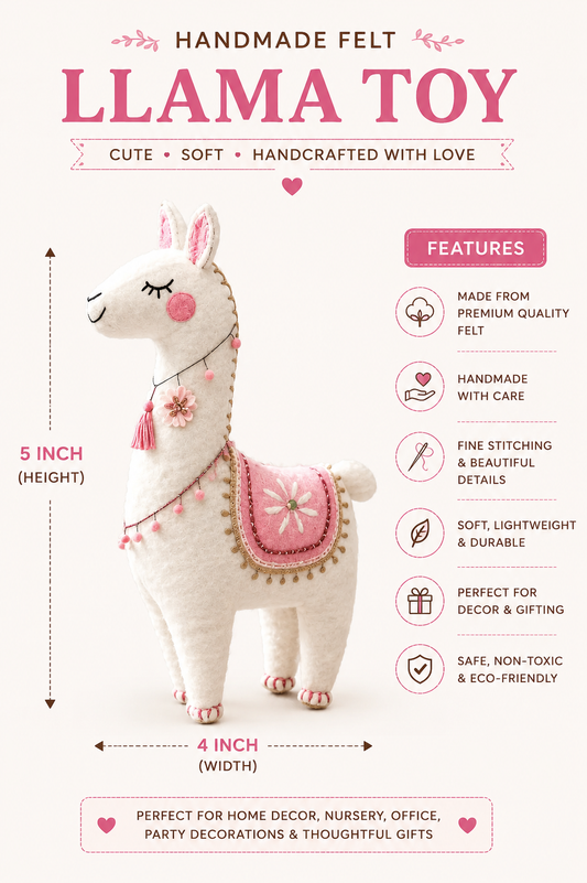 Handmade Felt Llama Toy – 5 Inch Decorative Llama Figurine with Pink Saddle