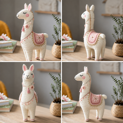 Handmade Felt Llama Toy – 5 Inch Decorative Llama Figurine with Pink Saddle