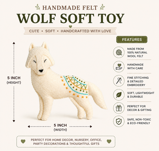 Handmade Felt Wolf Soft Toy – 5 Inch Wool Animal Figurine for Home Décor & Gifting