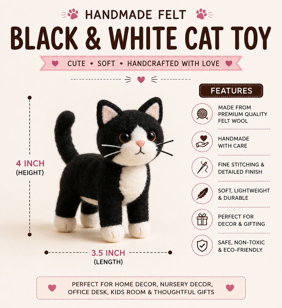 Handmade Felt Black & White Cat Toy – 4 Inch Cute Wool Cat Figurine for Décor & Gifting