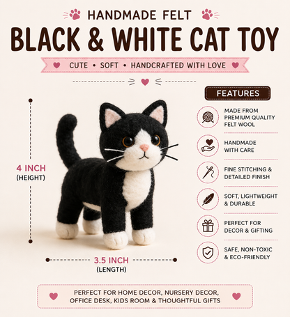 Handmade Felt Black & White Cat Toy – 4 Inch Cute Wool Cat Figurine for Décor & Gifting