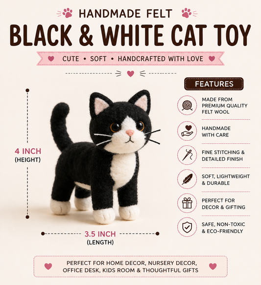 Handmade Felt Black & White Cat Toy – 4 Inch Cute Wool Cat Figurine for Décor & Gifting