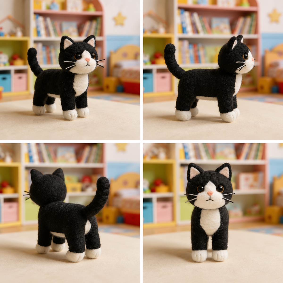 Handmade Felt Black & White Cat Toy – 4 Inch Cute Wool Cat Figurine for Décor & Gifting