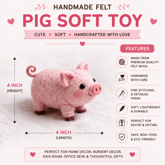 Handmade Felt Pig Soft Toy – 4 Inch Cute Pink Pig Figurine for Décor & Gifting
