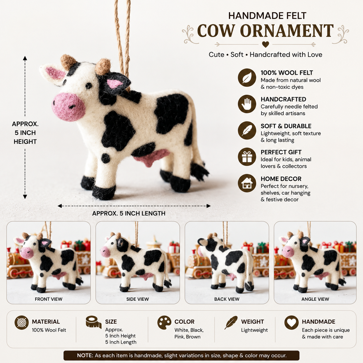 Handmade Felt Cow Ornament – 5 Inch Farm Animal Christmas Hanging Decoration