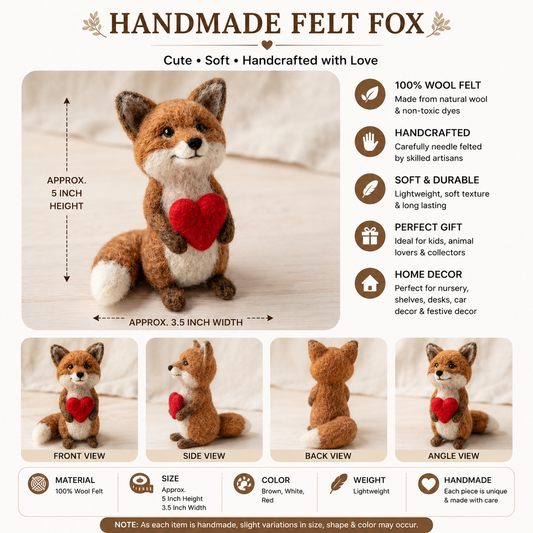Handmade Felt Fox Holding Heart – Cute Woodland Animal Decor