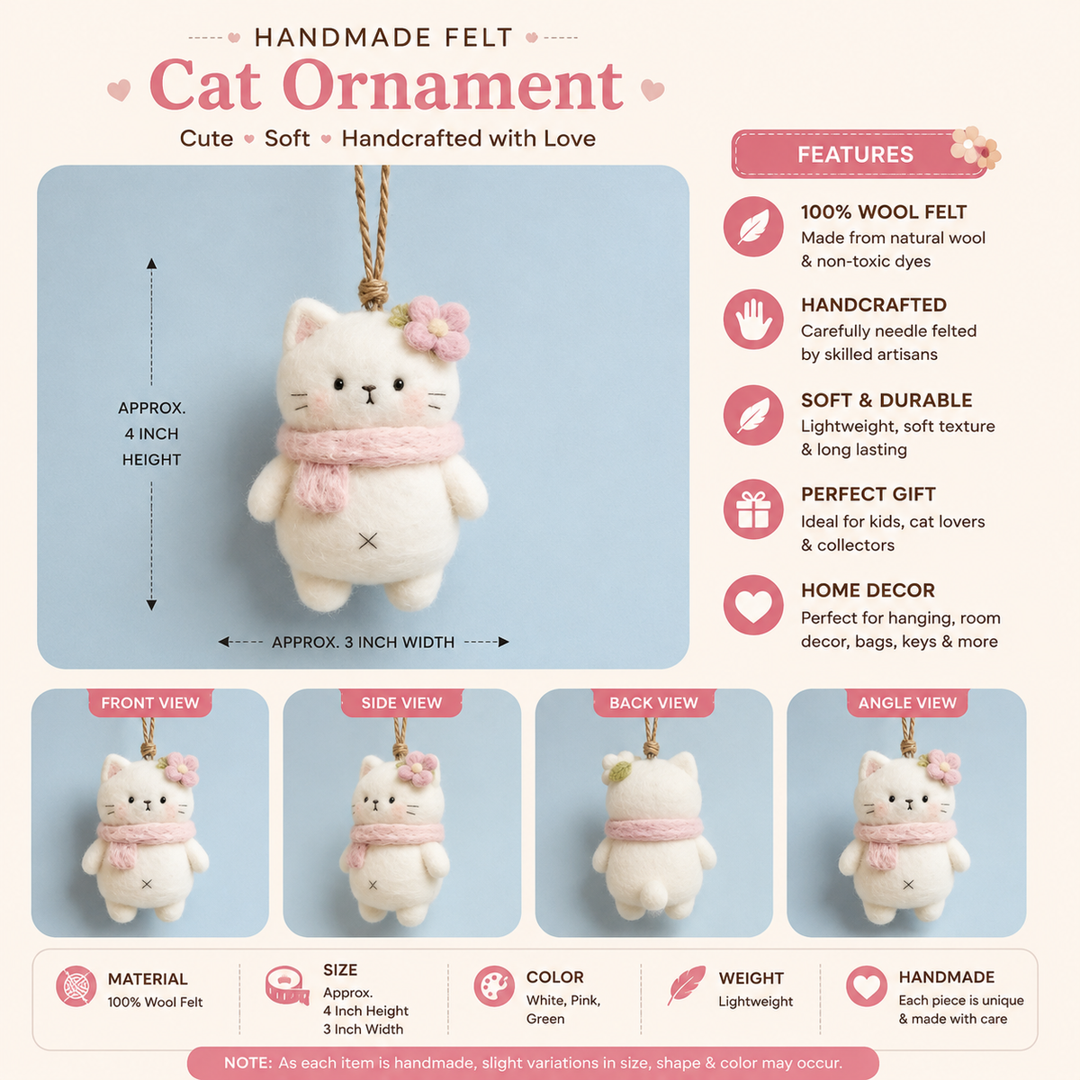 Handmade Felt Cat Ornament – Hanging Christmas Decoration