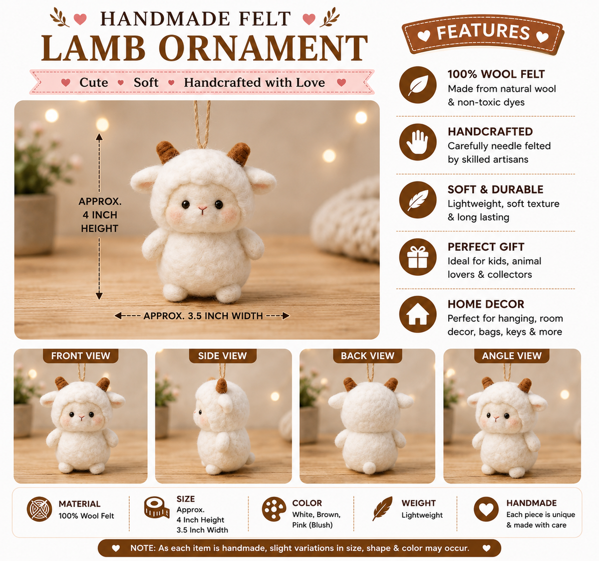 Handmade Felt Lamb Ornament – Cute Wool Hanging Decoration