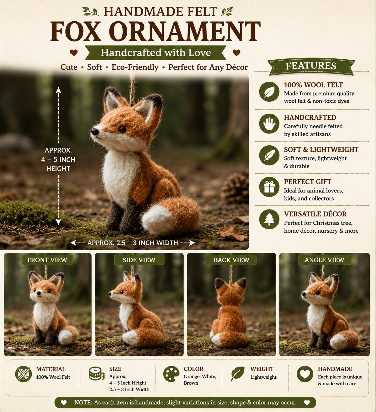 Handmade Felt Fox Ornament – Cute Wool Felt Woodland Animal Hanging Decoration
