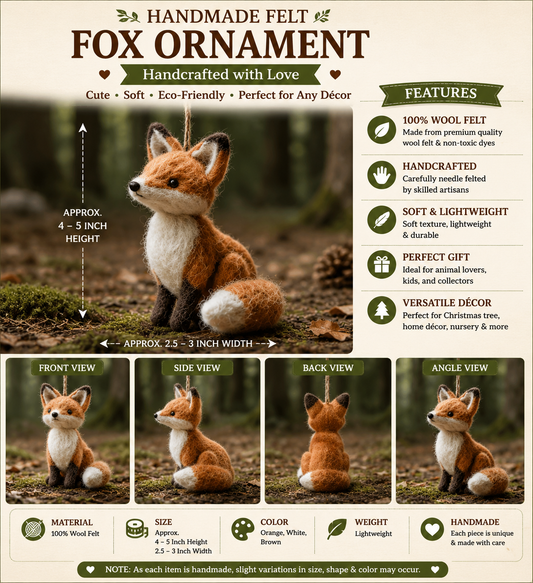 Handmade Felt Fox Ornament – Cute Wool Felt Woodland Animal Hanging Decoration