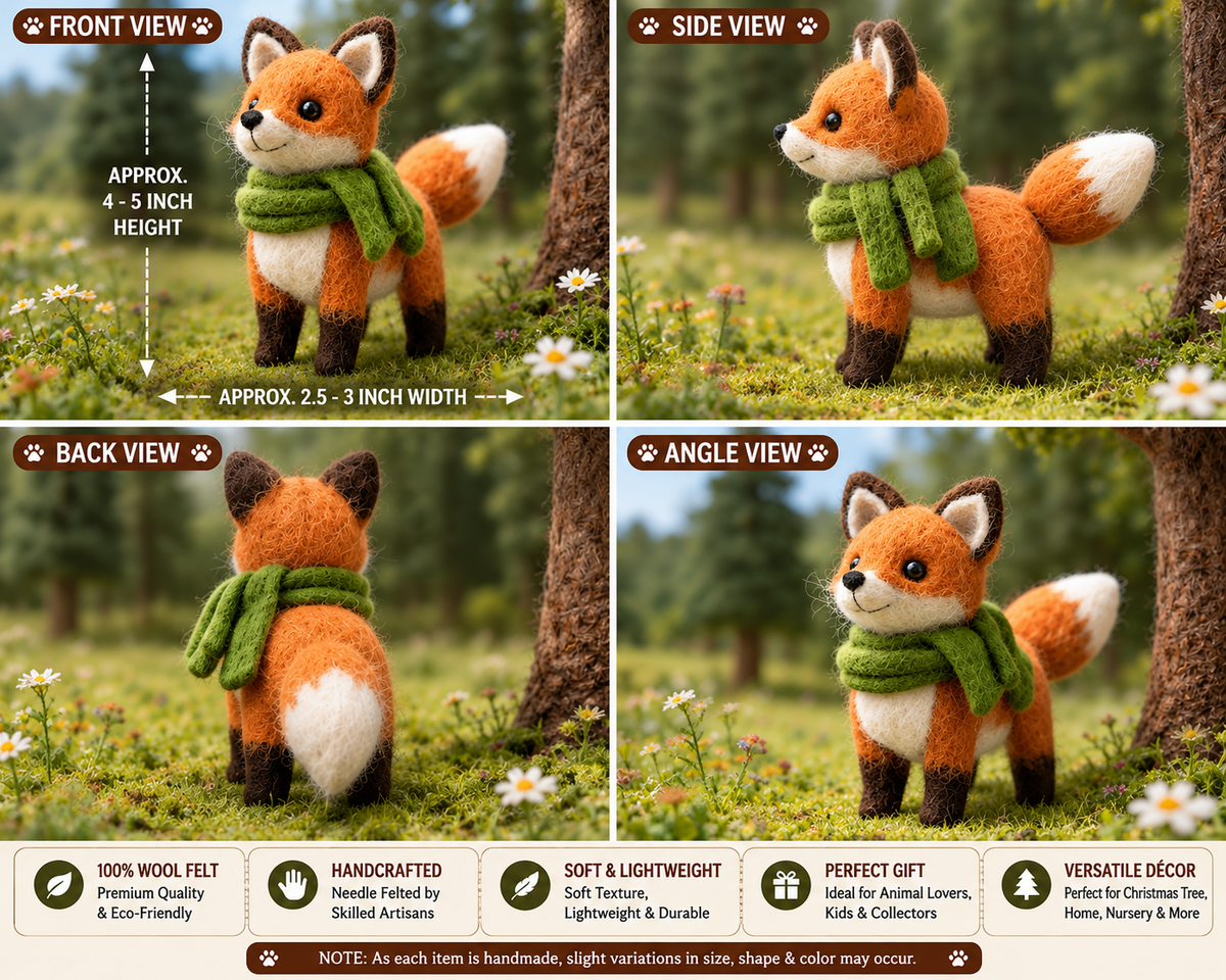 Handmade Felt Fox Ornament with Green Scarf – Cute Wool Felt Animal Decoration