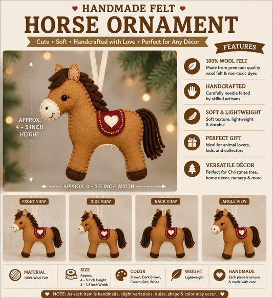 Handmade Felt Horse Ornament – 4–5 Inch Wool Felt Christmas Hanging Decoration
