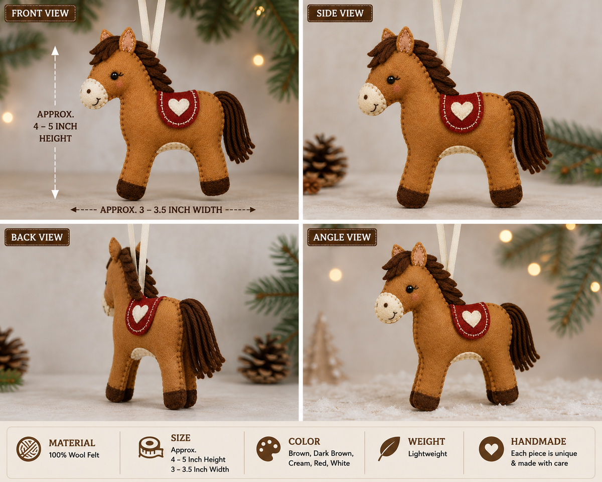 Handmade Felt Horse Ornament – 4–5 Inch Wool Felt Christmas Hanging Decoration