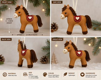 Handmade Felt Horse Ornament – 4–5 Inch Wool Felt Christmas Hanging Decoration