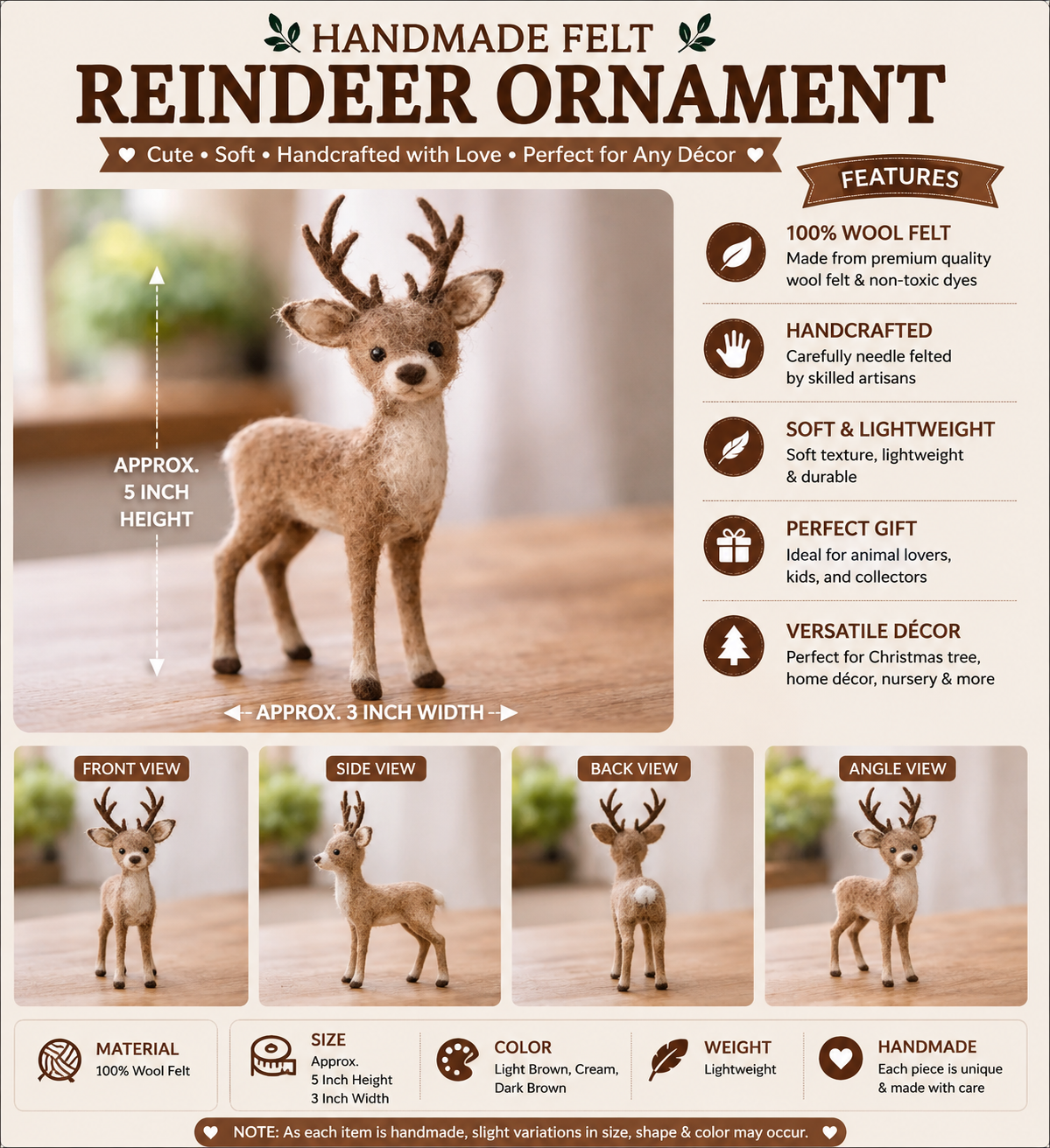 Handmade Felt Deer Ornament – Cute Wool Felt Reindeer Christmas Decoration