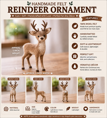 Handmade Felt Deer Ornament – Cute Wool Felt Reindeer Christmas Decoration