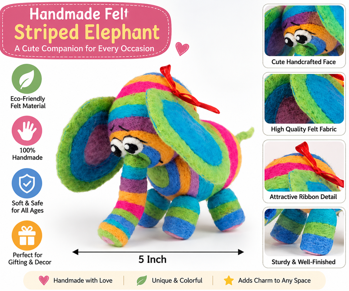 Handmade Felt Striped Elephant – Colorful 5 Inch Soft Toy & Home Decor Gift