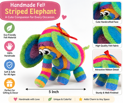 Handmade Felt Striped Elephant – Colorful 5 Inch Soft Toy & Home Decor Gift