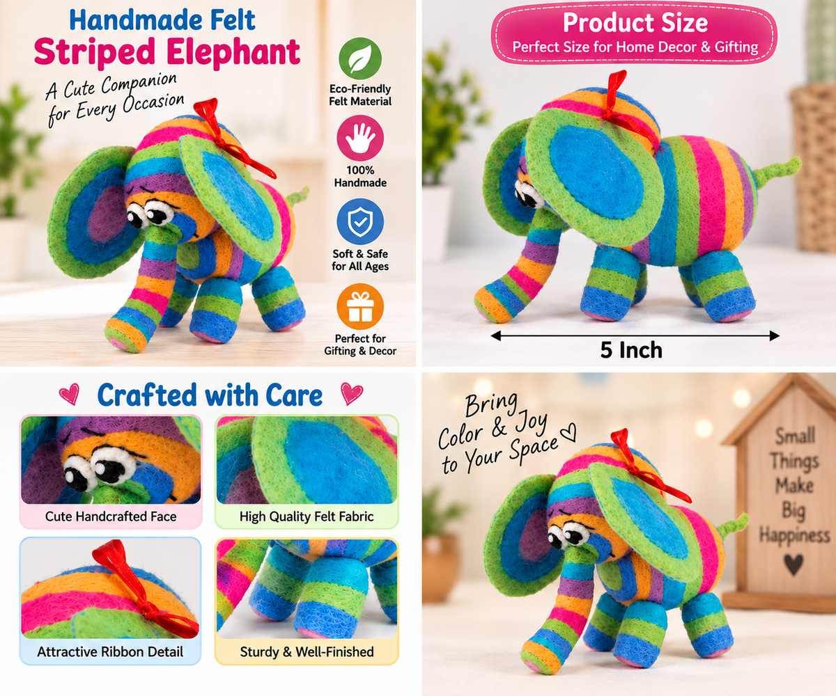 Handmade Felt Striped Elephant – Colorful 5 Inch Soft Toy & Home Decor Gift
