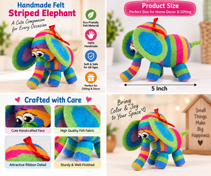 Handmade Felt Striped Elephant – Colorful 5 Inch Soft Toy & Home Decor Gift