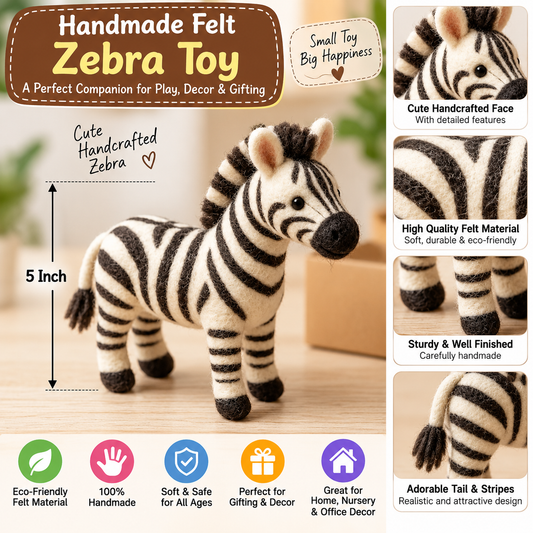 Handmade Felt Zebra Toy – 5 Inch Cute Animal Figurine for Home Decor & Gifting