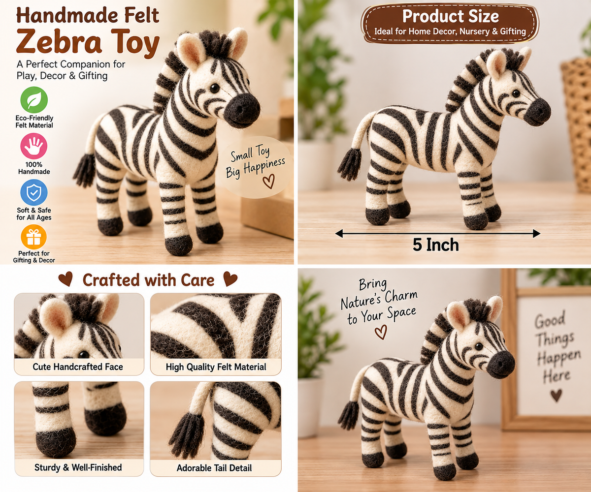 Handmade Felt Zebra Toy – 5 Inch Cute Animal Figurine for Home Decor & Gifting