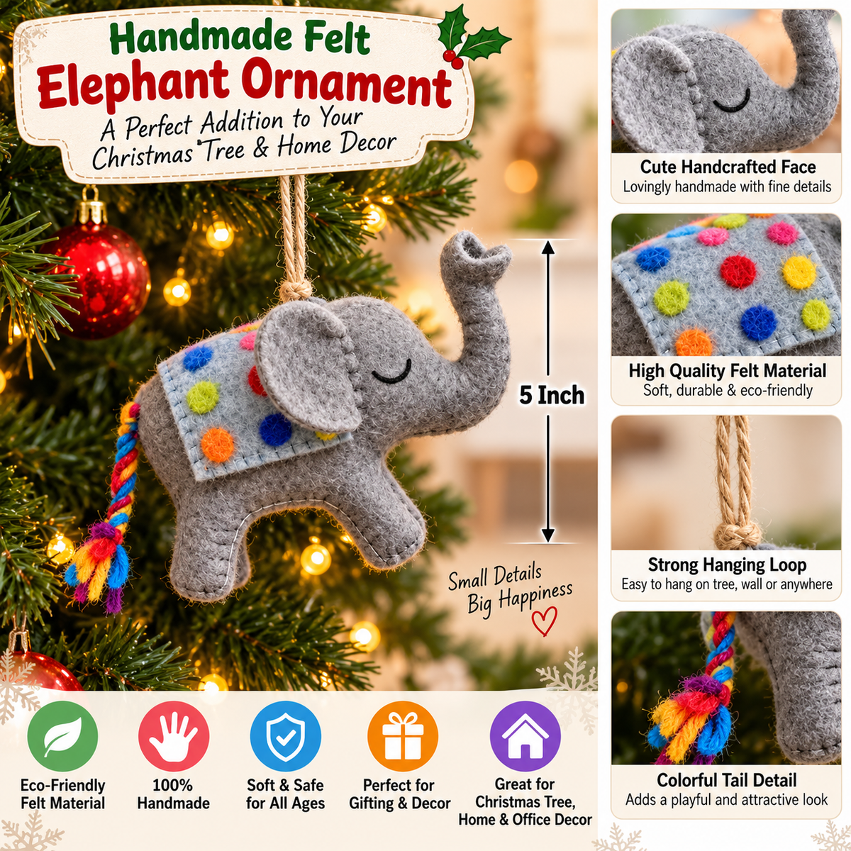 Handmade Felt Elephant Ornament – 5 Inch Christmas Tree Hanging & Home Decor