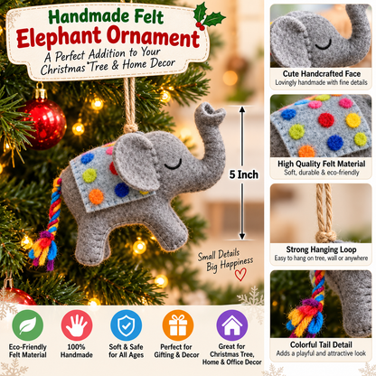 Handmade Felt Elephant Ornament – 5 Inch Christmas Tree Hanging & Home Decor