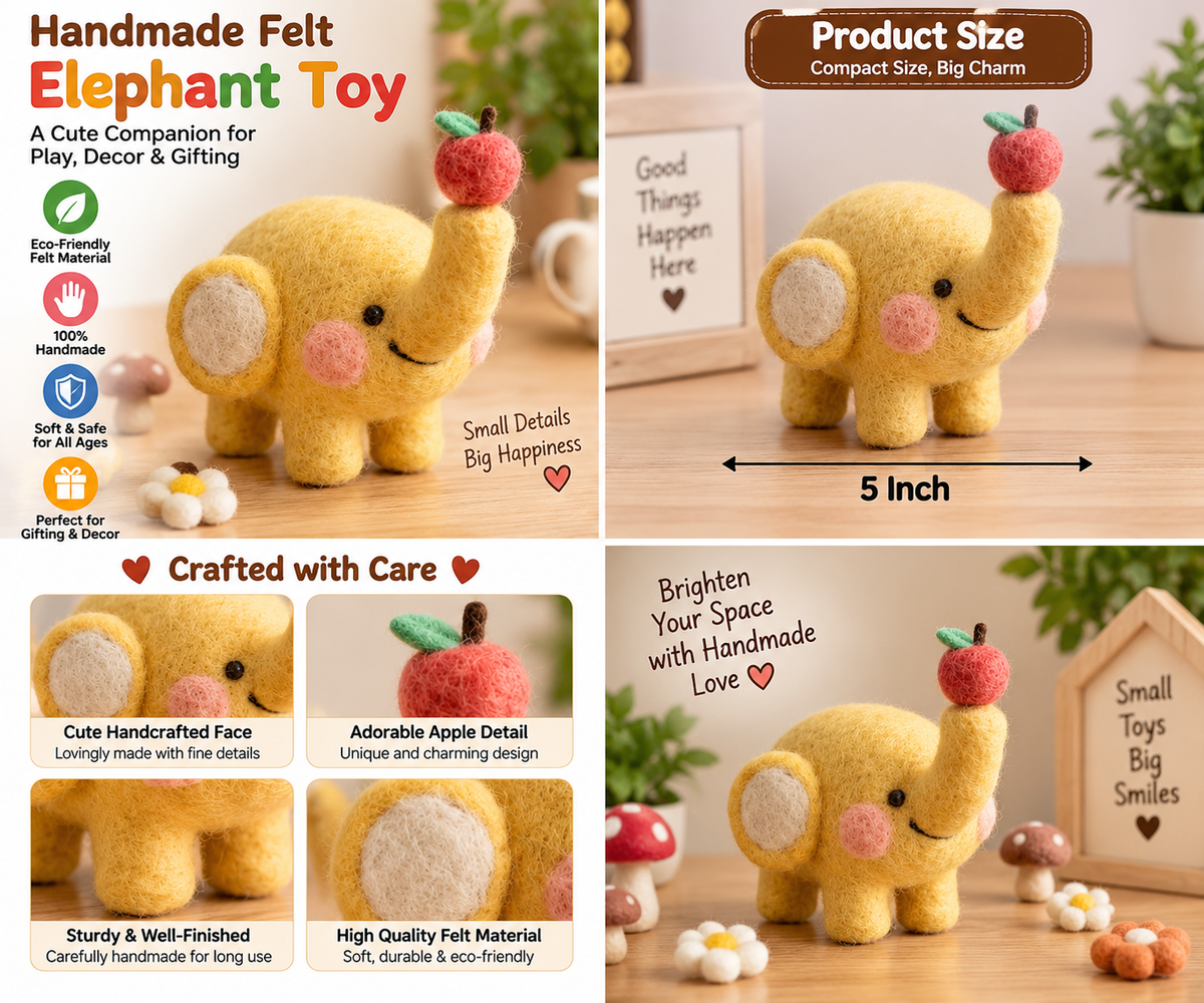 Handmade Felt Elephant Toy – 5 Inch Cute Apple Elephant for Home Decor & Gifting