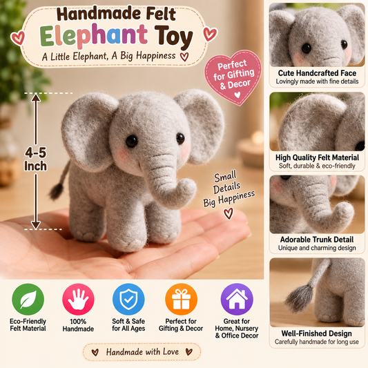 Handmade Felt Elephant Toy – 4–5 Inch Cute Mini Elephant for Home Decor & Gifting