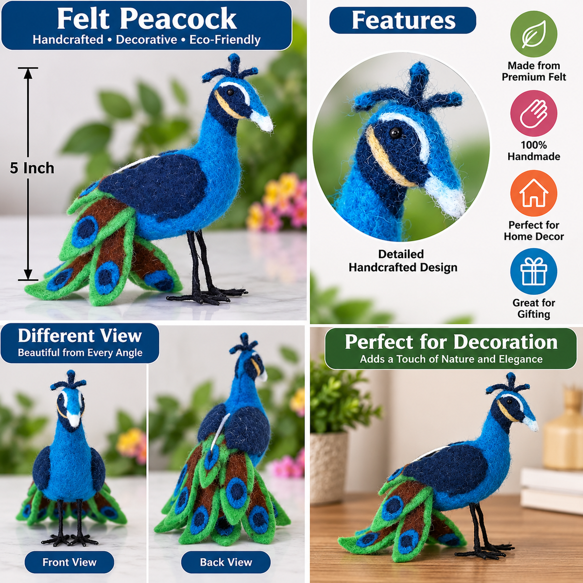 Handmade Felt Peacock Toy – 5 Inch Colorful Decorative Bird for Home Decor & Gifting