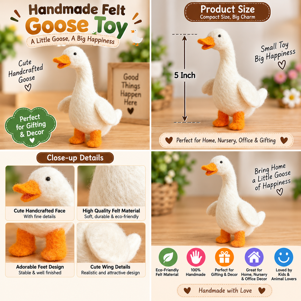 Handmade Felt Goose Toy – 5 Inch Cute Decorative Bird for Home Decor & Gifting